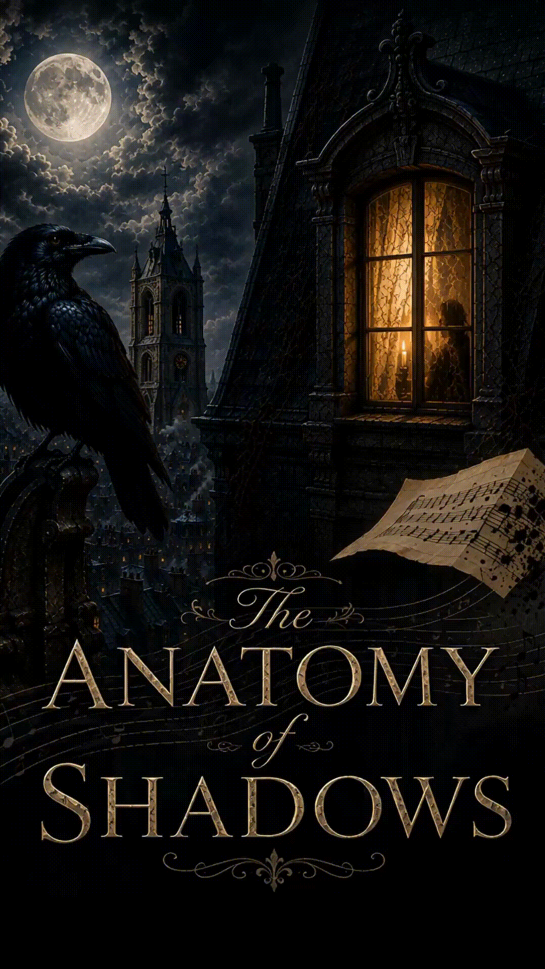 Cover of The Anatomy of Shadows by William E. Doyle — a raven above the rooftops of Paris, a lit garret window, and a page of music on the wind.